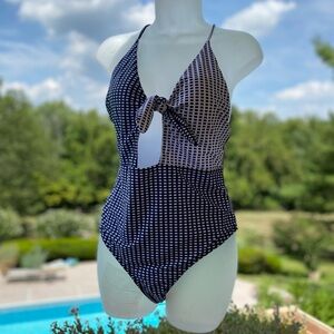 NWOT Blue/white one piece bathing suit, peekaboo opening under bust with tie, XL
